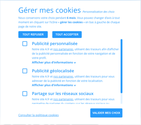 Bandeau cookies RGPD conforme aux thématiques CNIL